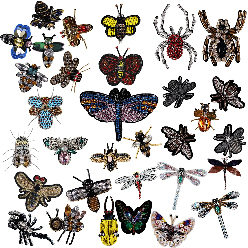 Beaded Dragonfly Butterfly Bee Rhinestone Insect Scorpion Crystal Patches for Shoes Bags Sewing Apparel Applique TH862