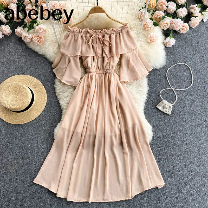 

Women Off Shoulder Solid Dress Sexy Slash Neck Short Sleeve A-line Ruched Dresses Summer Bohemian Beach Dress