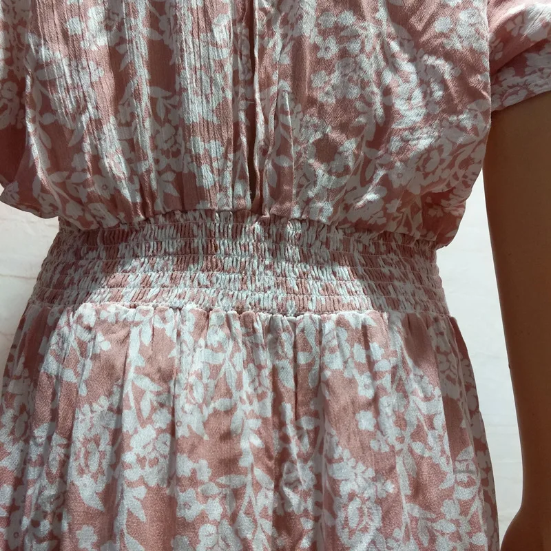 

2020 Summer New Dress Bat Sleeve Printed High Waist Pink Dresses Side Split V neck Sexy Temperament Long Vestidos L604
