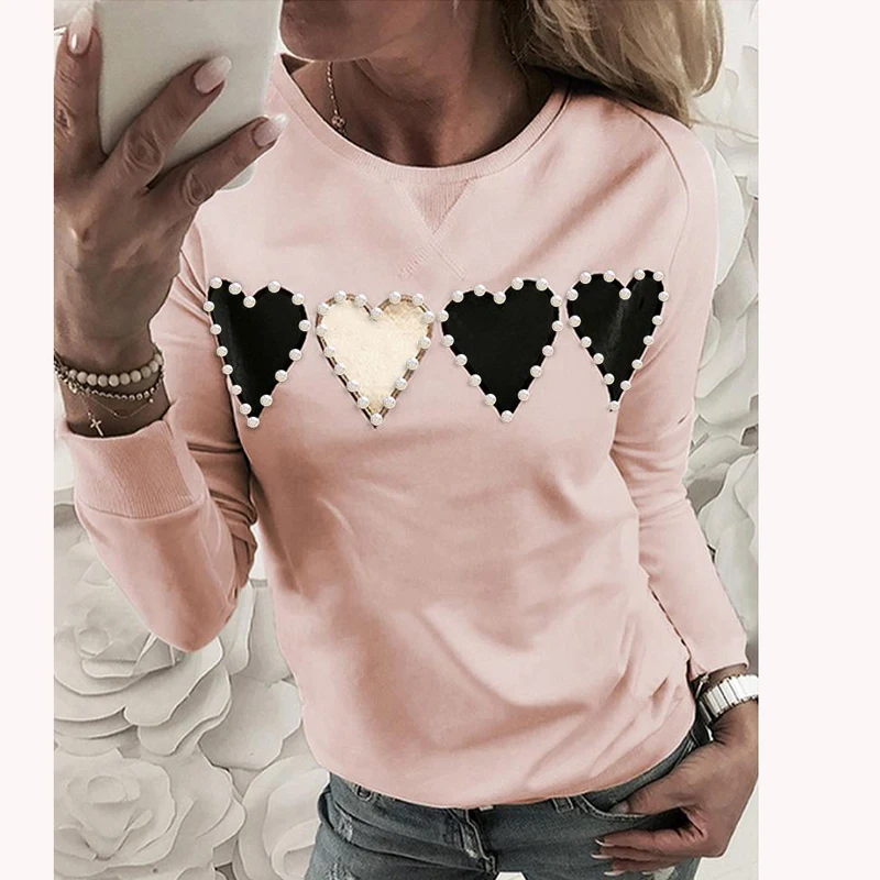 01 Heart Print Pink Women Sequins Lips Print Fashionable Sweatshirt Autumn Leopard Long Sleeve Beading Hoodie Lady O-neck Kawaii Sweatshirt Hoodies - Цвет: 01 Heart Print Pink