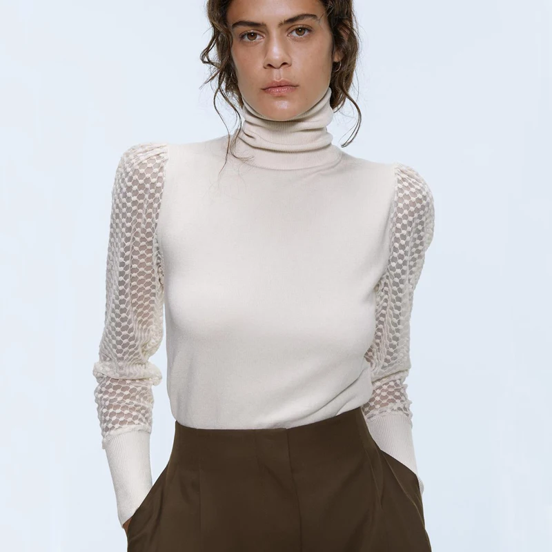 ZOEPO Patchwork Long Sleeve Sweaters Women Fashion Turtleneck Sweater Elegant Slim Translucent Female Ladies IAA | Женская одежда