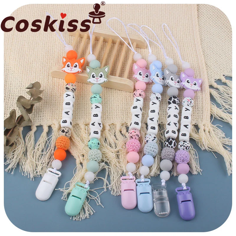 

Coskiss Customizable Pacifier Chain Personalised Name Baby Pacifier Clip Crochet Beads Silicone Fox Feeding Chain Teether Toys