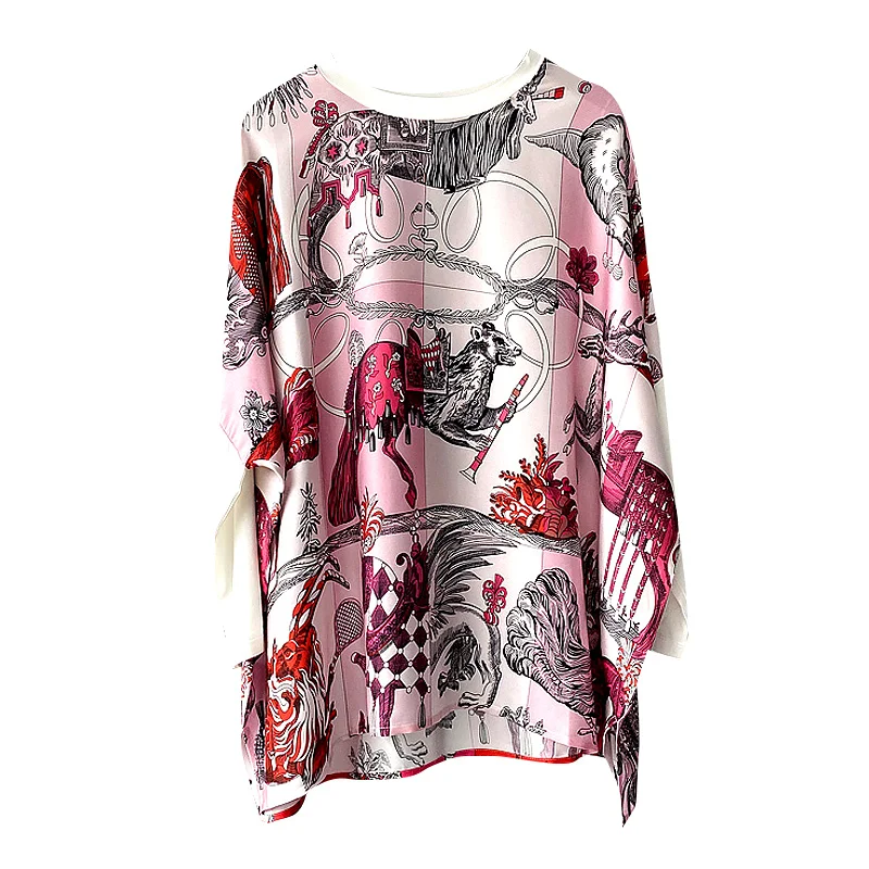 

New 100% silk shirt women s 3 4 sleeve new style stitched Satin printed small shirt mulberry silk top fashion