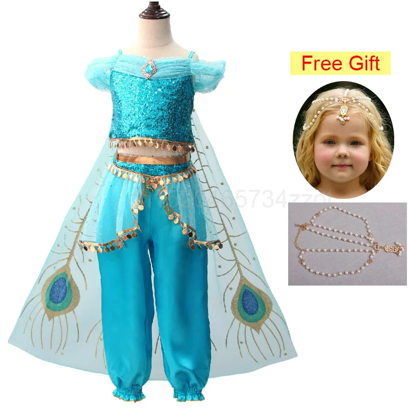 Jasmine Dress-1 Принцесса Жасмин платье Аладдин волшебная лампа девушки косплей костюм необычные дети танцевальная одежда Комплект топ брюки и платье для ребенка - Цвет: Jasmine Dress-1