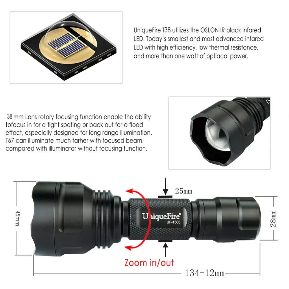 UniqueFire 1505 IR 940nm Zooming Night Vision Flashlight Invisible Light Torch with USB One-Slot Charger For Hunting | Освещение