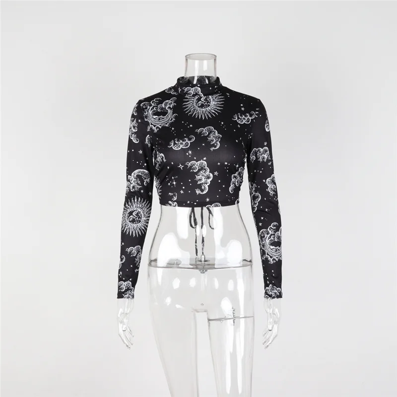 

Women's Bodice 2020 Spring And Autumn Sexy Fashion Print Collection Top Back Hollow Sexy Tie Small Long Sleeve Women's T-Shirt