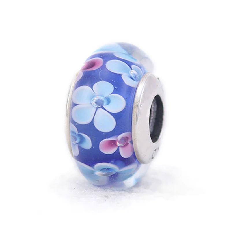 

Blue Flower Charm 100% Real 925 Sterling Silver Sea of Flowers Charms Fit Original Bracelet Diy Jewelry