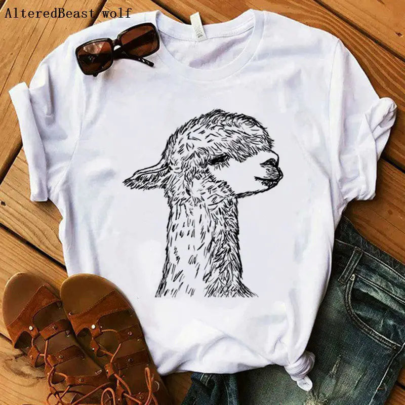 2019 ламы футболка для женщин kawaii с ламой Рождество Топы коротким рукавом принтом в