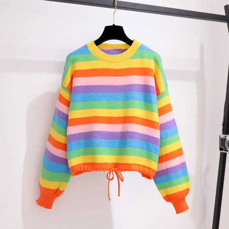 

Women 2021 Autumn Fashion Two-piece Sets Female Striped Pullover Sweater Tops Ladies High Waist Denim Flare Pants Suits P164