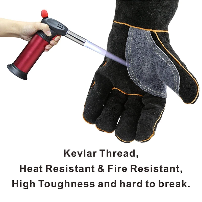 

2pair Extreme Heat & Fire Resistant Gloves Leather with Stitching,Mitts Perfect Black 16 Inches & 14 Inches
