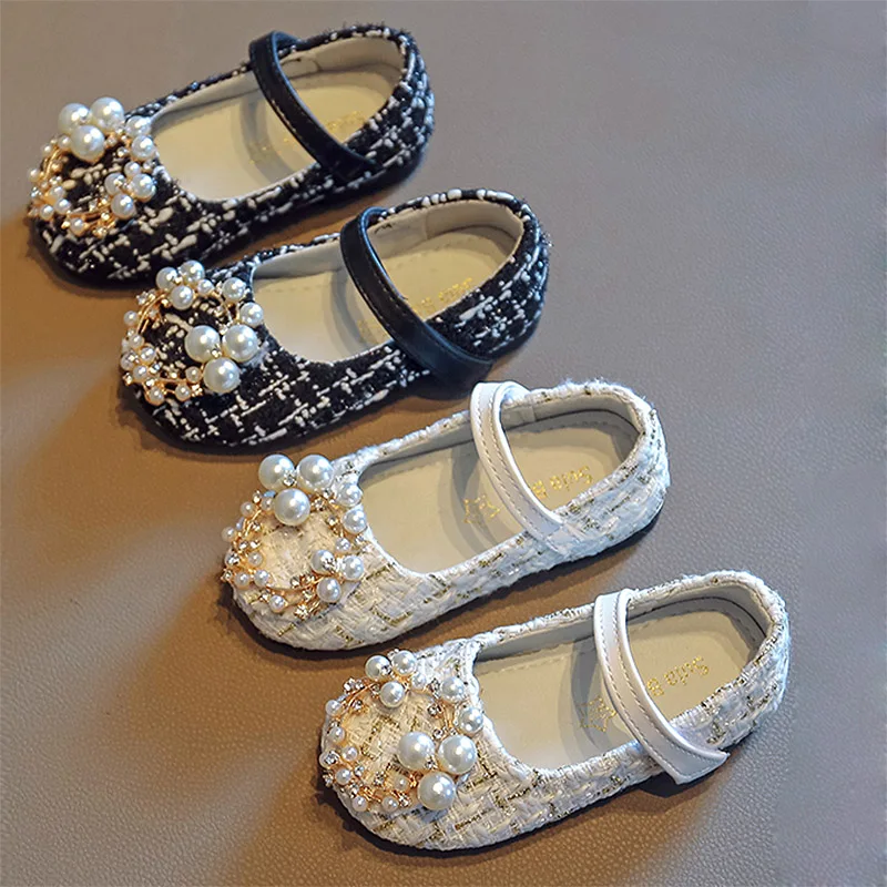 

Girls Shoes Pearls Princess Shoes Costume Tweed Baby Kids Children Mary Janes Shoes Plaid Bead Toddlers Non-slip Spring Autumn