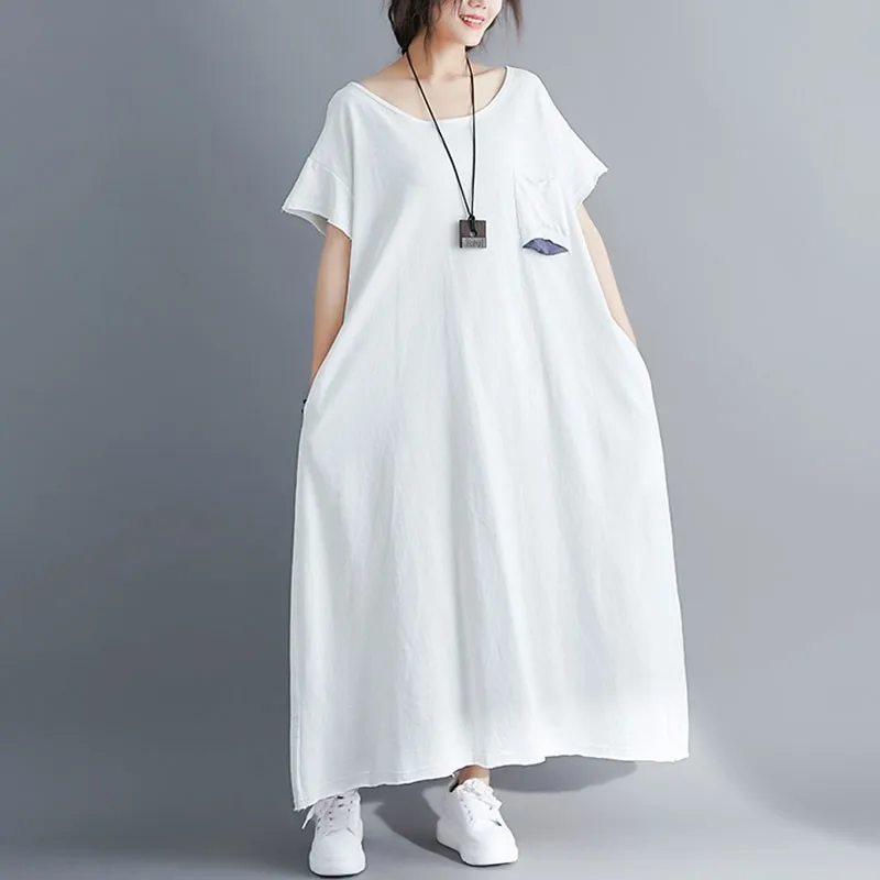 

100% Cotton Women Loose Casual Dresses New Arrival 2021 Summer Simple Style O-neck Solid Color Female Long Dress S3495