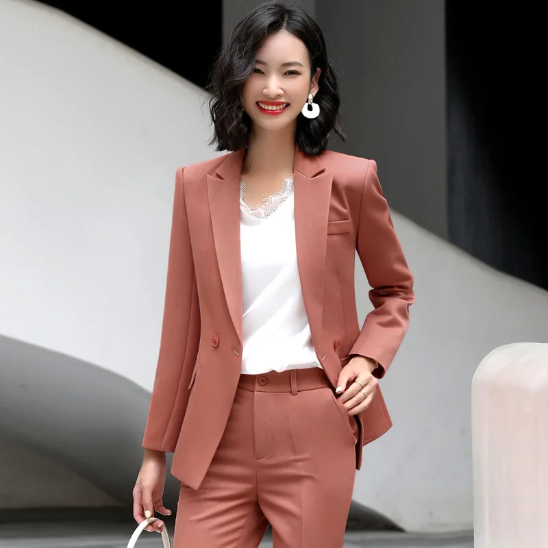 IZICFLY Autumn Spring New Style Caramel Business Suit Women Blazer And Pant Two Piece Set Office Slim Elegant Work Wear