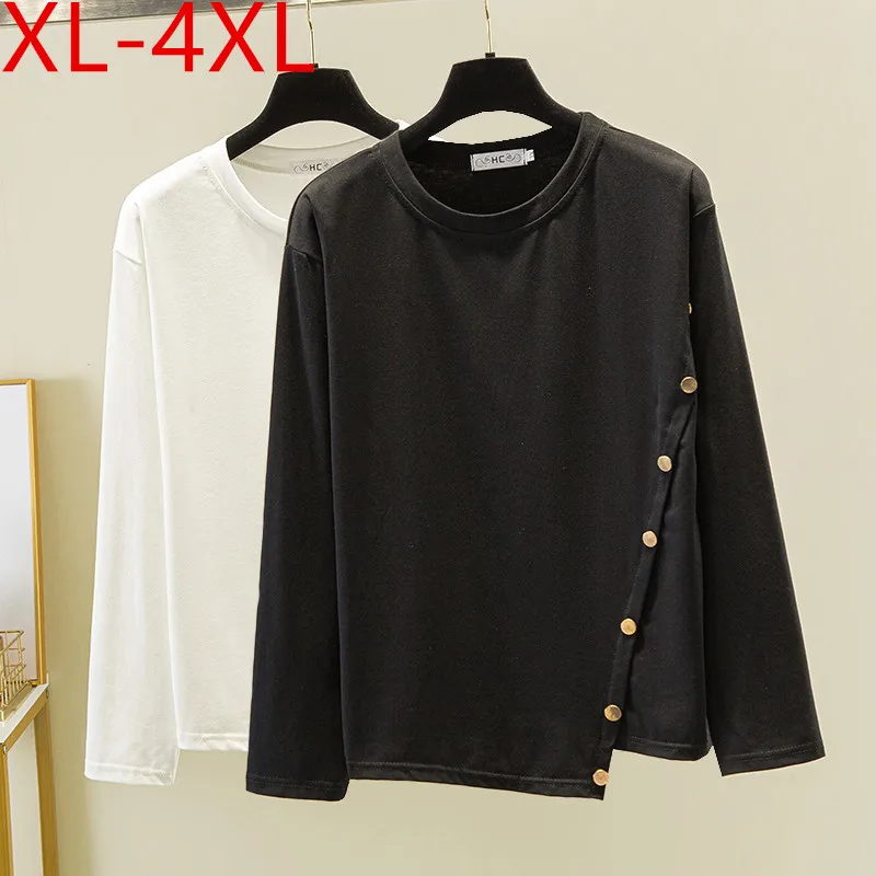 

New Autumn Plus Size Women O Neck Long Sleeve Irregular Black White Cotton T-shirt Large Loose Casual Tops Tees XL 2XL 3XL 4XL