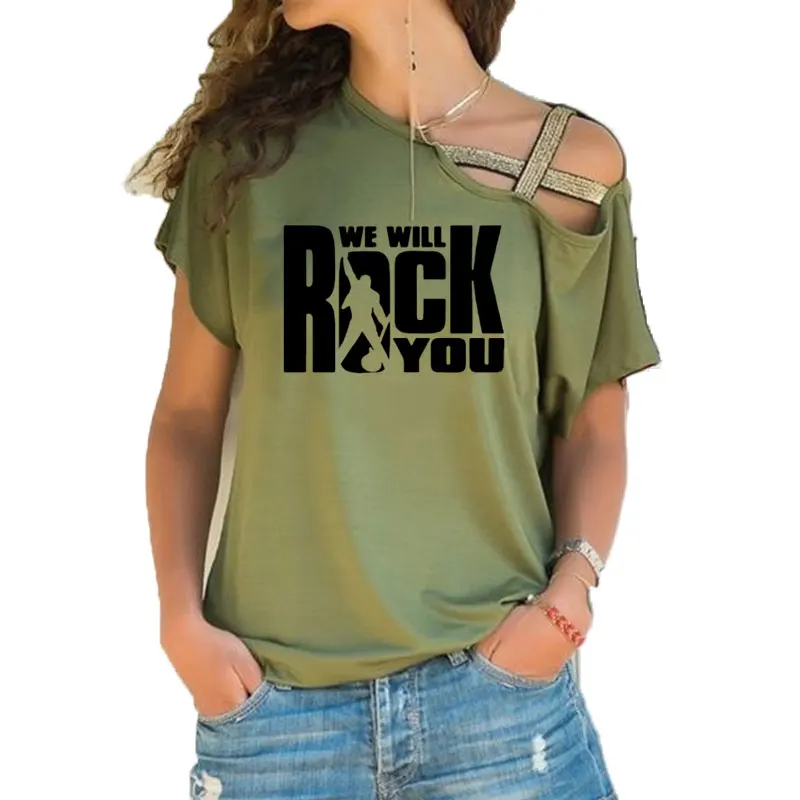 We Will Rock You, женская футболка, летняя, queen, рок-группа, футболка, короткий рукав, хлопок, рок-ролл, для женщин, с неровным перекосом, крест, топы - Цвет: 5
