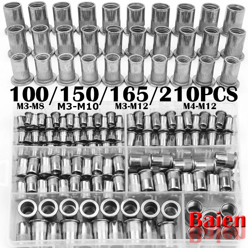 

100/150/165/210pcs M3-M12 aluminum Multi Flat Head Metric Thread Blind Rivet Nut Insert Rivnut Nutsert Screw
