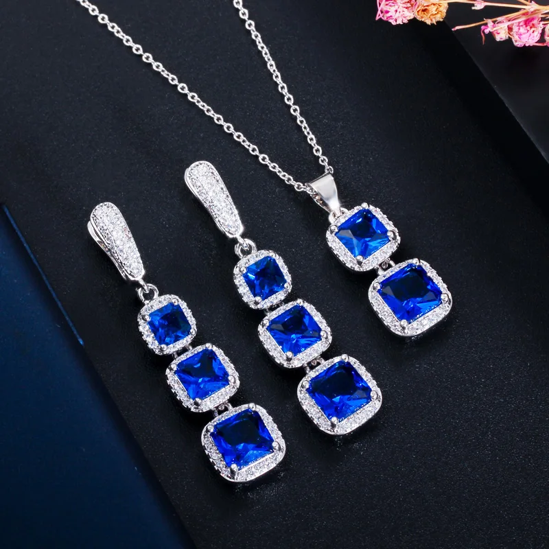 CWWZircons Элегантный квадратный Королевский синий кубический цирконий висячие серьги подвеска ожерелье дамский костюм Ювелирные наборы T354