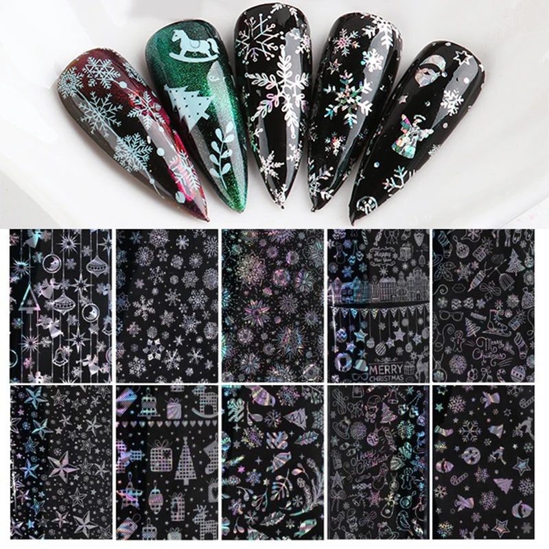 

Christmas Theme Nail Foil 3D DIY Snowflakes Manicure Nail Art Transfer Starry Sticker Nail Decorations Accessories 10Pcs/Set