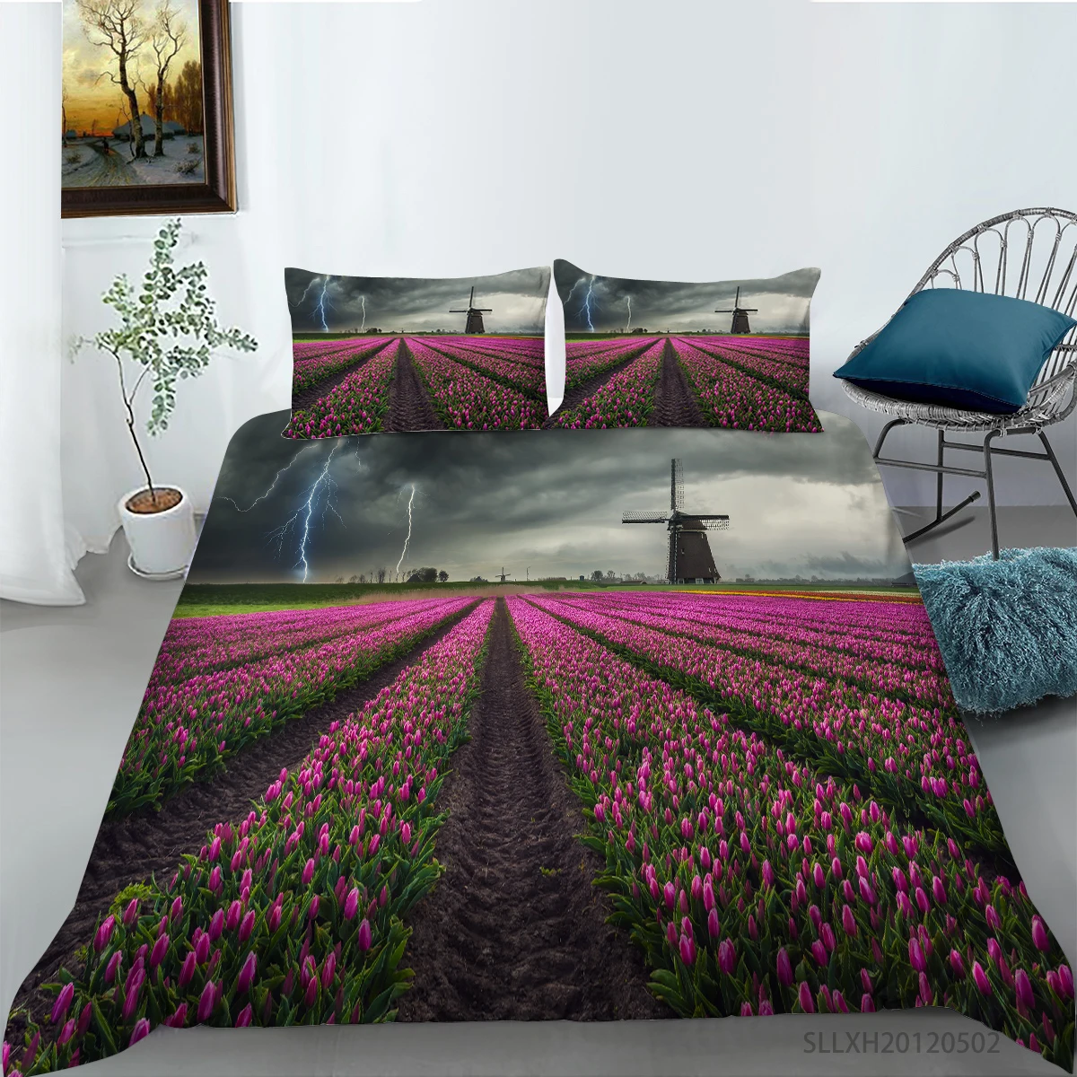 Роскошный комплект постельного белья с цветочным принтом лаванды пододеяльник