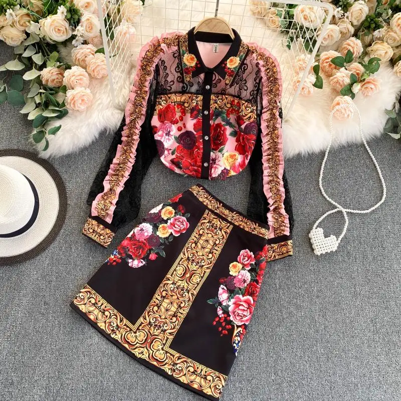 

Europe Style New Spring Autumn Women Fashion Palace Retro Printed Long Sleeve Shirt + High Waist Skirt Two-piece Sets