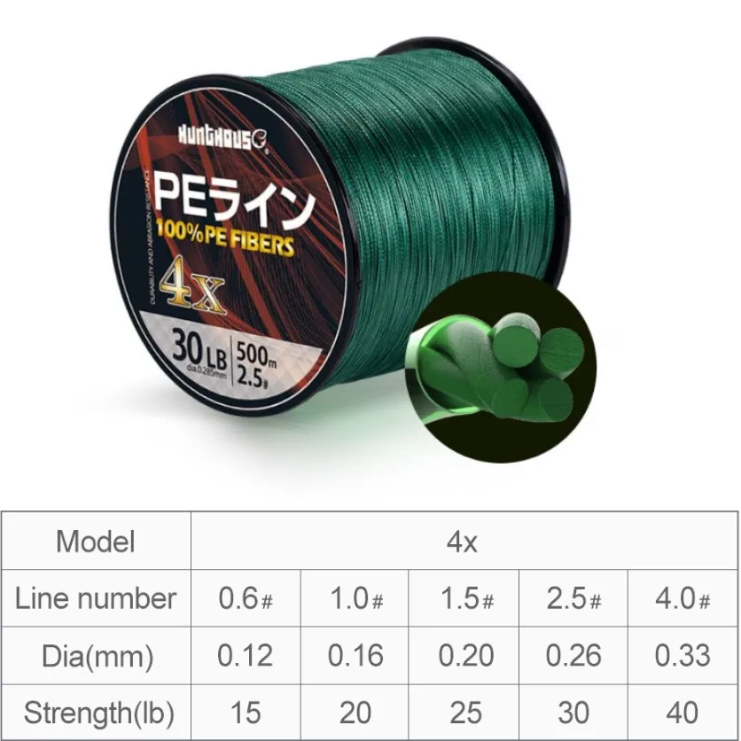 Green-4 strands Hunthouse 8 нитей рыболовные PE лески оплетка 300 м 500 м 1000 м плетеная леска 8 плетеная леска 4 нити 16 25 35 50 фунтов Сделано в Японии - Цвет: Green-4 strands