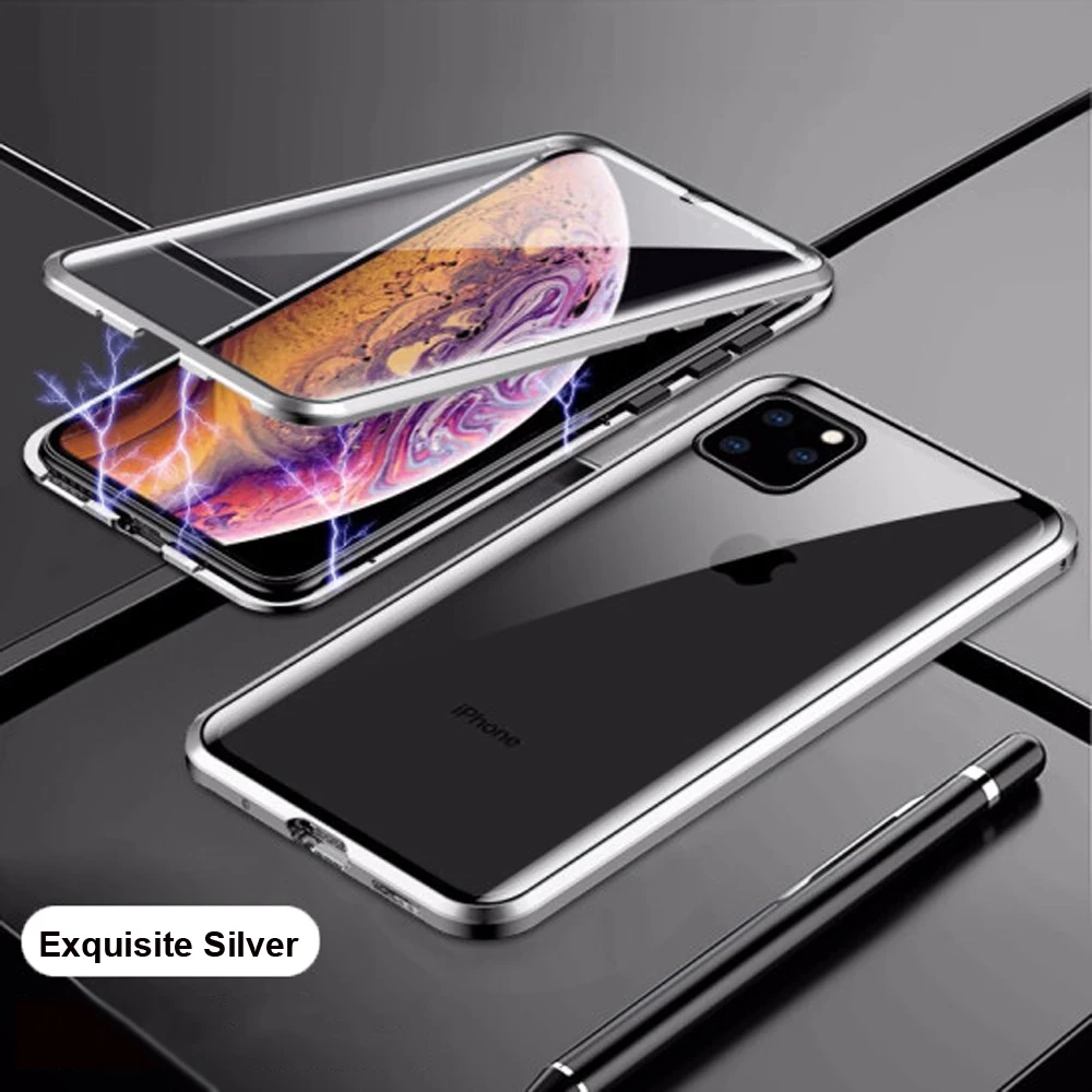 Exquisite Silver 360 ° полный корпус прозрачный Передний+ задний Чехол из закаленного стекла для iPhone 11 Pro Max XR XS 8 Plus чехол на магните для телефона для iPhone 11 - Цвет: Exquisite Silver
