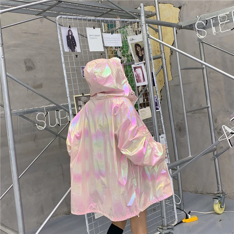 Осенняя куртка-бомбер с капюшоном Женская свободная Серебряная летняя тонкая