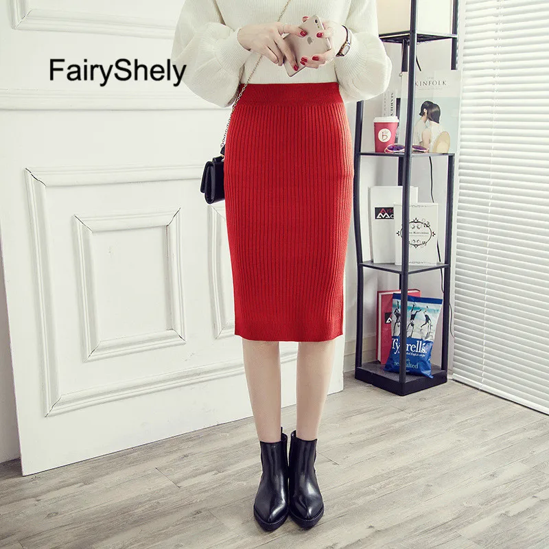 Женская офисная юбка карандаш Красная Вязаная Шерстяная Юбка однотонная миди с