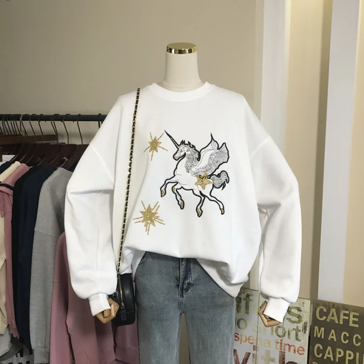 

Fashion Women's Embroidery Basic Sweatshirt 2021 Autumn Winter Crew Neck Cotton Blend Oversized Pullovers Tops White