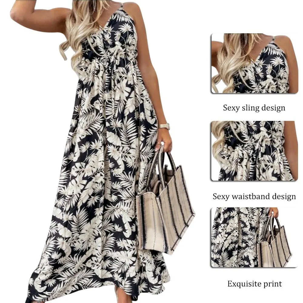 

Vintage Leaf Print Dress Sexy Spaghetti Strap Long Dress Women 2021 Summer Boho V-Neck Beach Dresses Holiday Casual Sundress