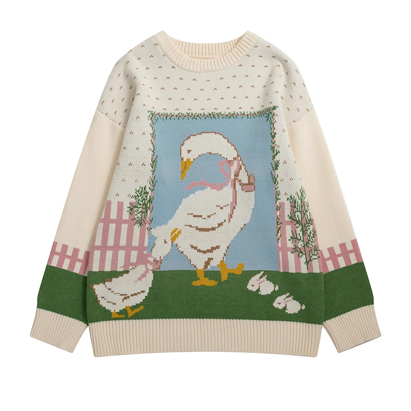 Spring New Retro Farm Duckling Jacquard O-neck Pullover Sweater Women's Suitable For Teenage Girls Tops | Женская одежда