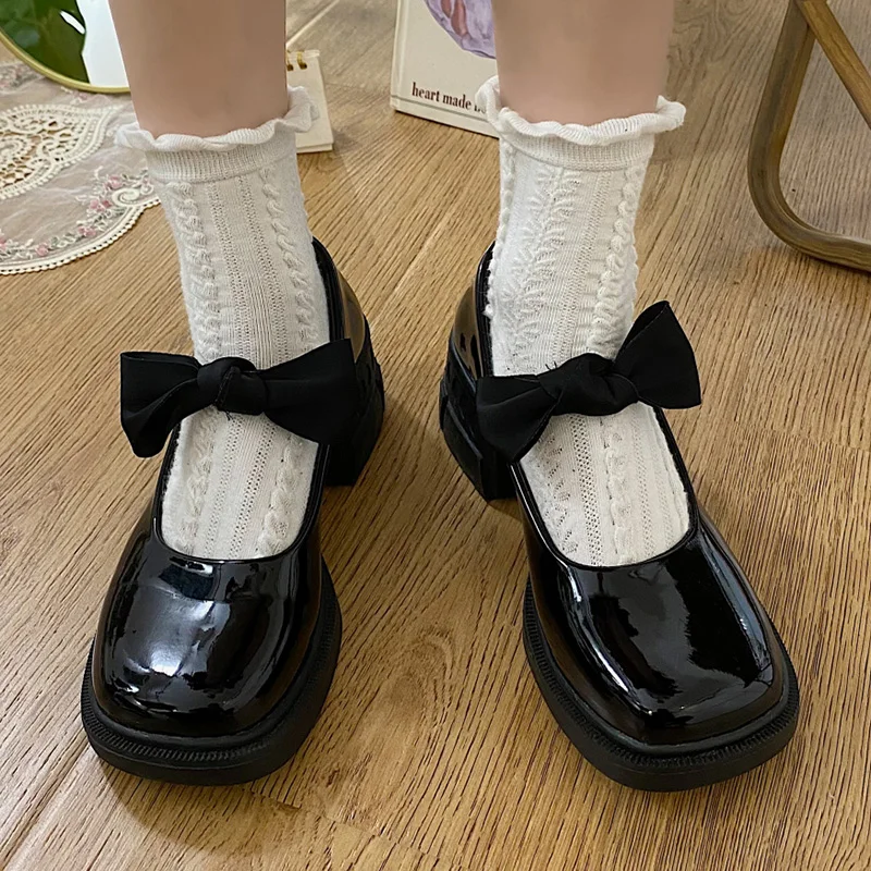 

Rimocy Sweet Bow Patent Leather Mary Janes Women Med Heels Platform Cosplay Shoes Woman Square Toe Lolita Style Student Shoes