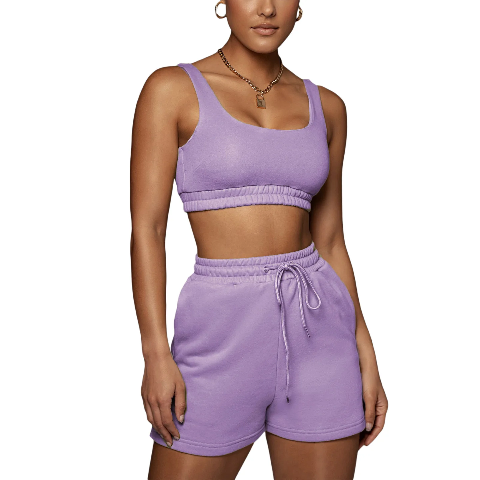 

Summer Women Solid Color Casual Suit Tank + Shorts Sexy Showing Navel Adjustable Drawstring Elastic Waist Clothing