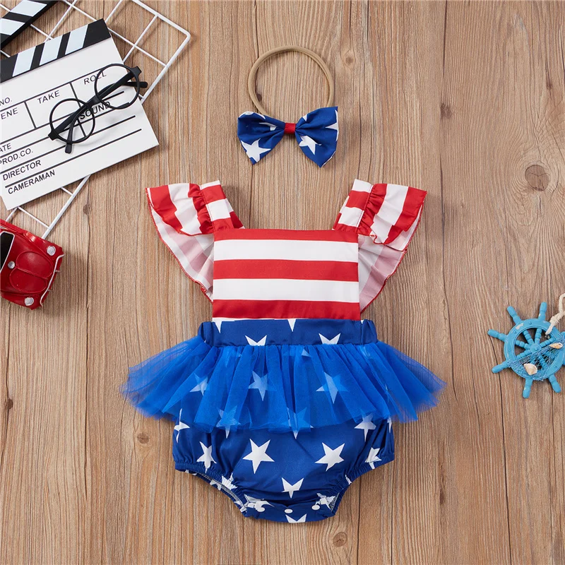 

2pcs 0-18Months Newborn Girls Romper+Bow Headband,American Flag Print Independence Day Theme Summer Clothes Sets for Baby Girls