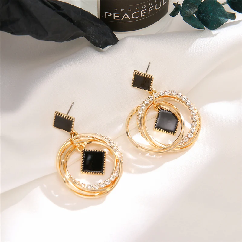 Модные Золотые круглые серьги с кристаллами для женщин Простые Черные