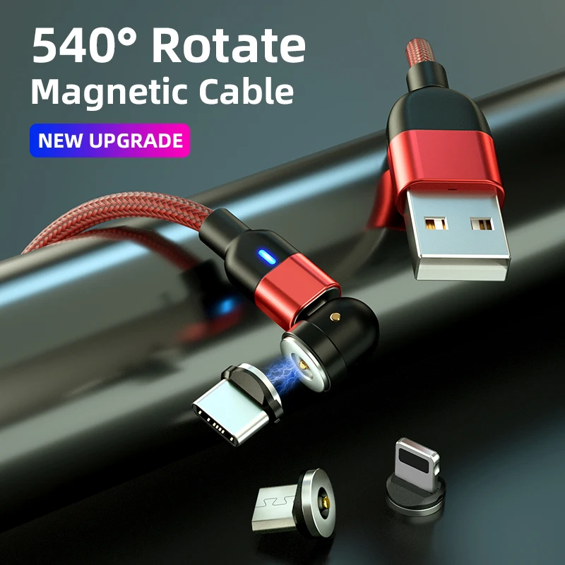

Rotate magnetic cable phone USB cord with LED indicator nylon braided 1m 2m charge cables for mobile phones