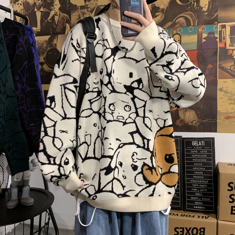 

Oversize Mens Sweaters Pullovers Streetwear Japanese Girl Cotton cartoon Knitted Loose Streetwear Hip Hop Casual Woman Sweaters