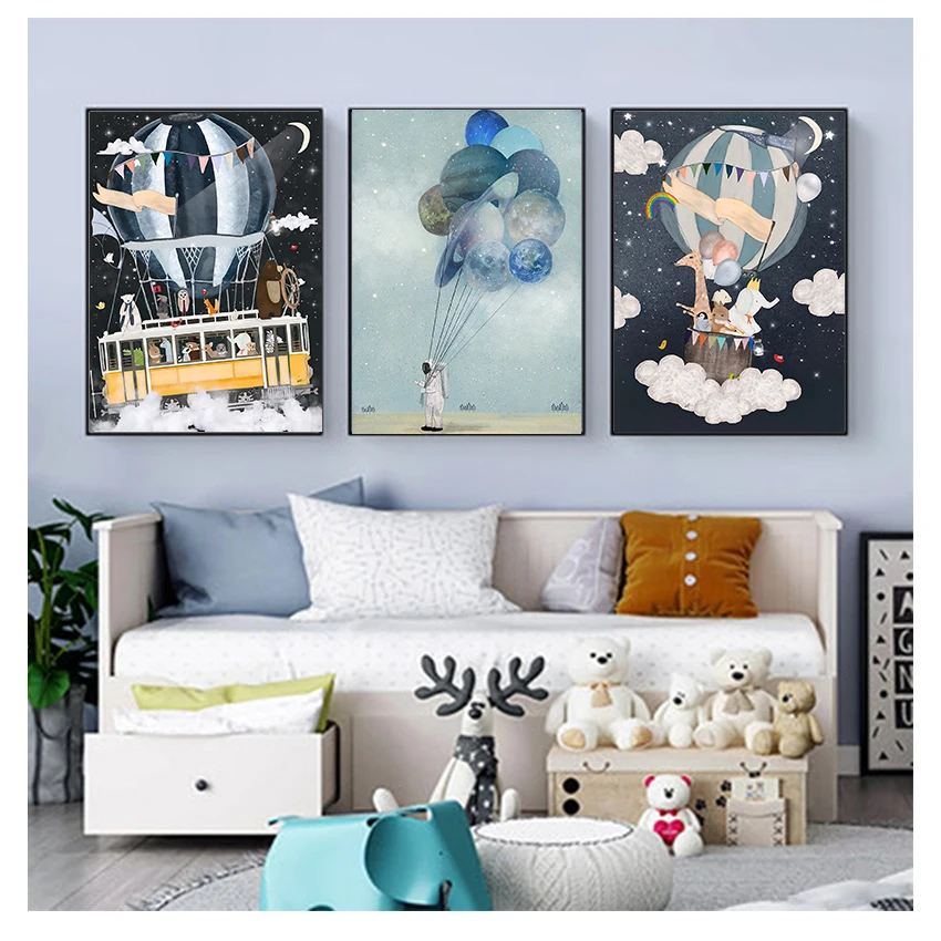 

Воздушный шар, космический корабль, медведь, слон, жираф, картина, Мультяшные настенные картины для детской комнаты, детская комната, холст, ...