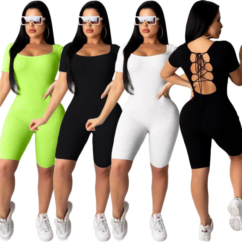 

Knitted Fitness Casual Biker Playsuit Bodysuit Short Sleeve Lace Up Hollow Out Bodycon Rompers Womens Jumpsuit Shorts Summer