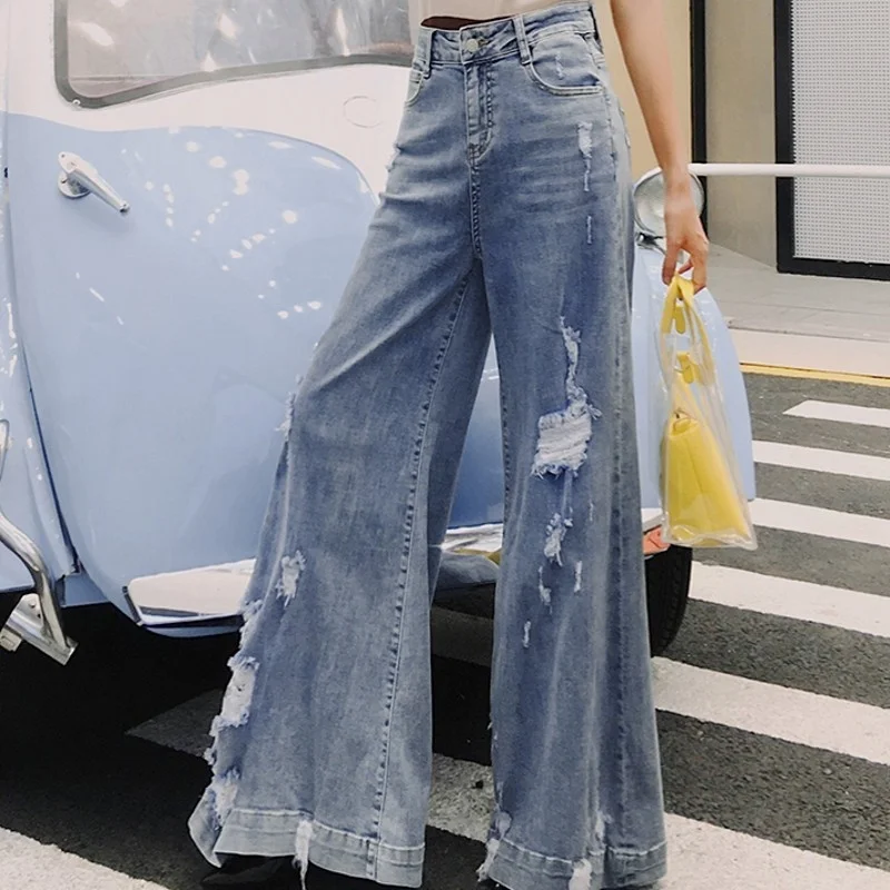 

High Waist Spring Autumn New Womens Hole Ripped Denim Trousers Korean Soft Strench Full Length Female Wide Leg Pants Streetwear