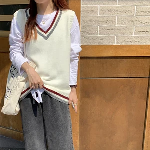 Осень 2020, жилет без рукавов, повседневный женский жилет в Корейском стиле, вязаный свитер в полоску, жилет в стиле преппи, свитер, жилет