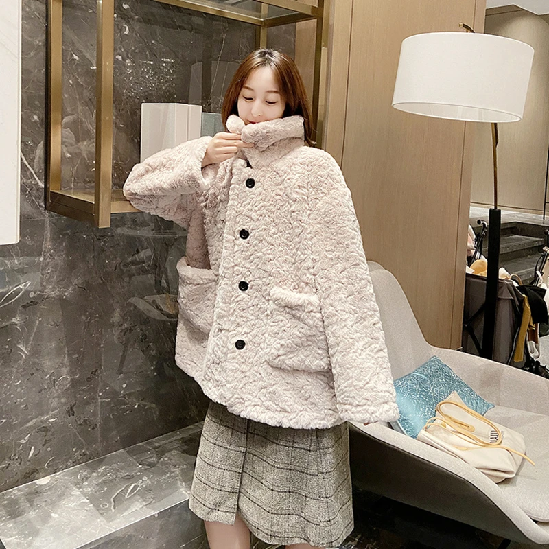 

Winter Coat Women 2020 New Solid Single Breasted Faux Rabbit Fur Coat Warm Thick Fashion Loose Plush Ladies Coat Teddy Jacket