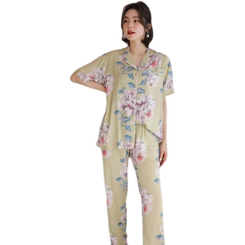 

Poplin Pajamas Women's Spring and Summer Thin Artificial Cotton Home Wear Elegant Little Sister Large Size Bourette Suit