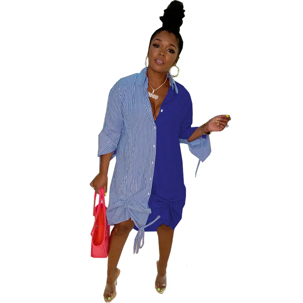 

Women Shirt Dress Lapel Neck Fashion Patchwork Long Sleeves Casual Mid Calf Length Dress Nightclub Party