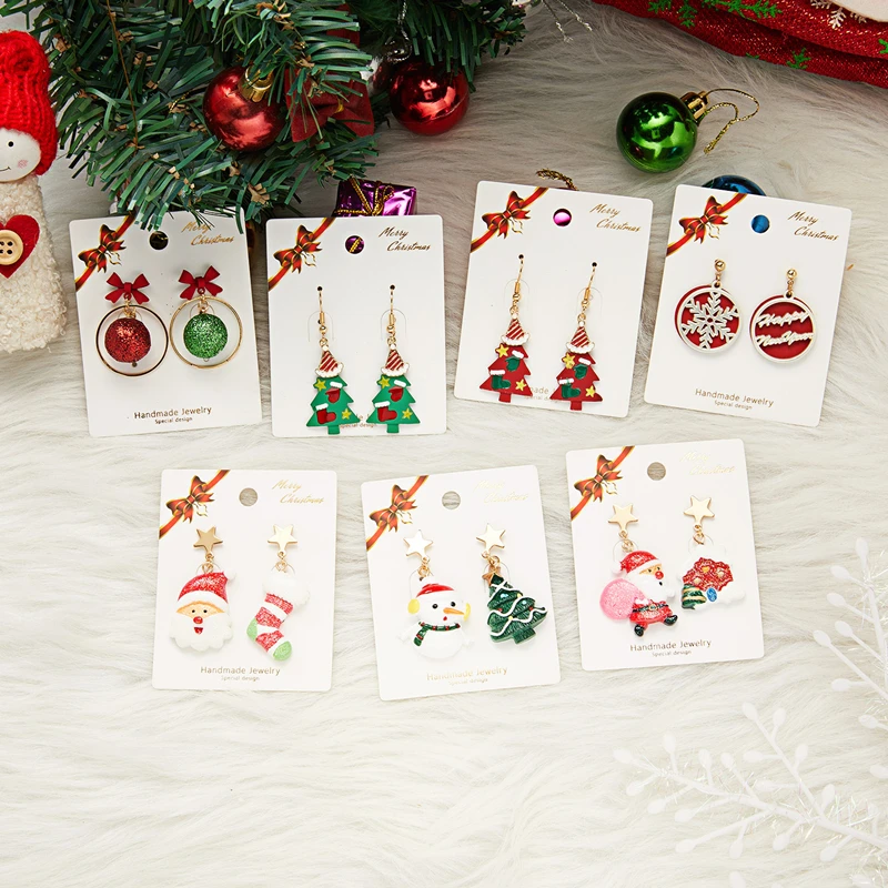 

New Fashion Soft Clay Santa Claus House Christmas Tree Asymmetrical Stud Earrings Resin Star Lights Ball Ear Hook Earrings Gift