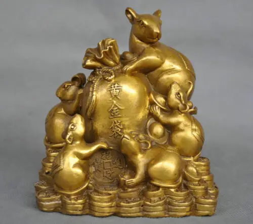 Тонкий китайский медный феншуй Зодиак пять крыс мышь монета мешок Бронзовая