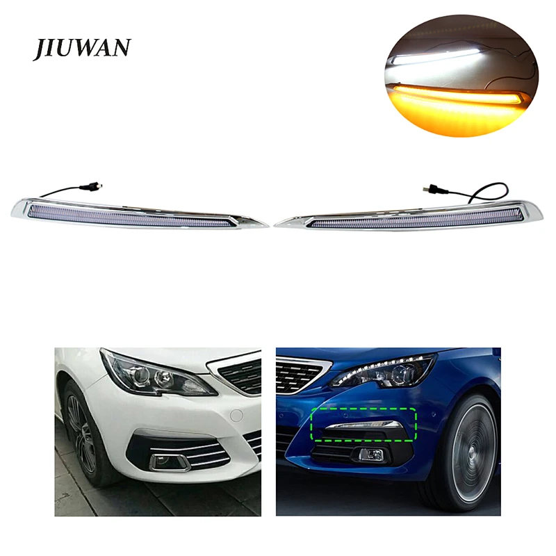 1 Pair LED DRL Waterproof Daytime Running Lights With Yellow Turn Signal Lamp Auto Accessories For Peugeot 308 2016 2017 2018
