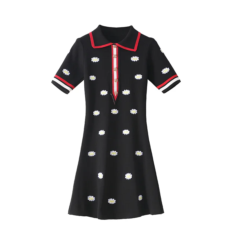 

Summer Luxury Jacquard Women Turn Down Collar Bees Knitted Dresses High Quality Button Runway Embroidery Ladies Shirts Dresses