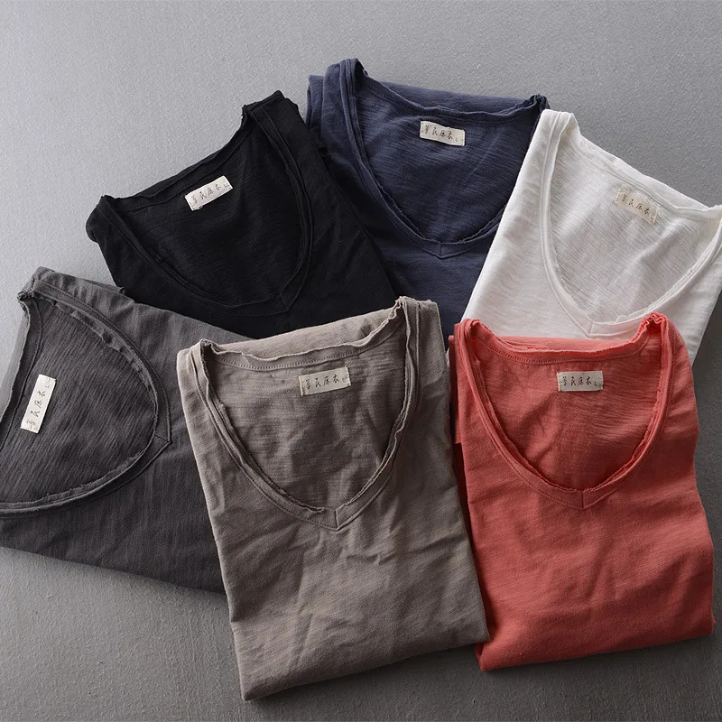 

Hot Sale Plain Style Men's Solid Full Sleeve 100% Cotton Thin Summer Casual Shirt For Male V-neck Pullover Clothing
