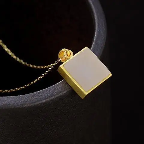 

Handmade Sterling Silver S925 Sterling Silver Hetian Jade White Jade Simple Square Geometric Pendant Gold Original Design for